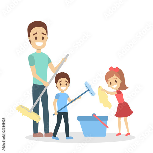 Man clean home and doing housework with children