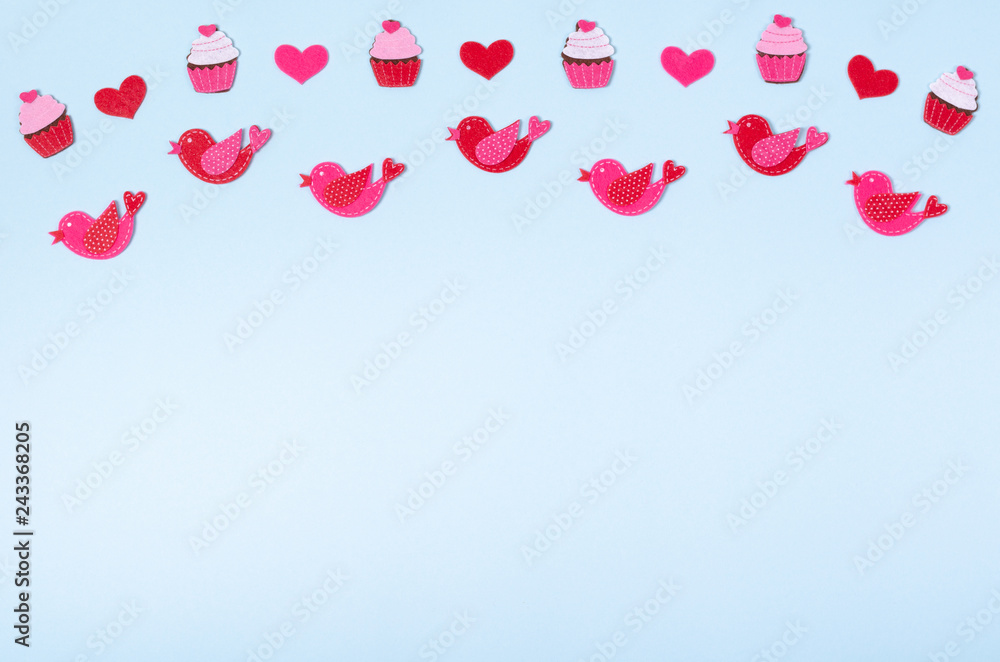 Flat lay arrangement of birds and hearts for mock up design, table top view image of decoration valentine's day background
