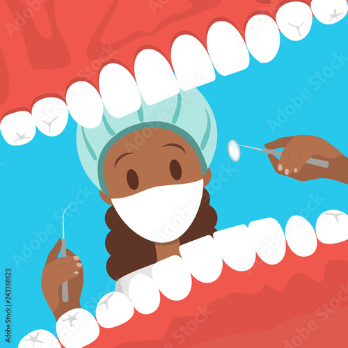 Dentist looking into open mouth of patient.