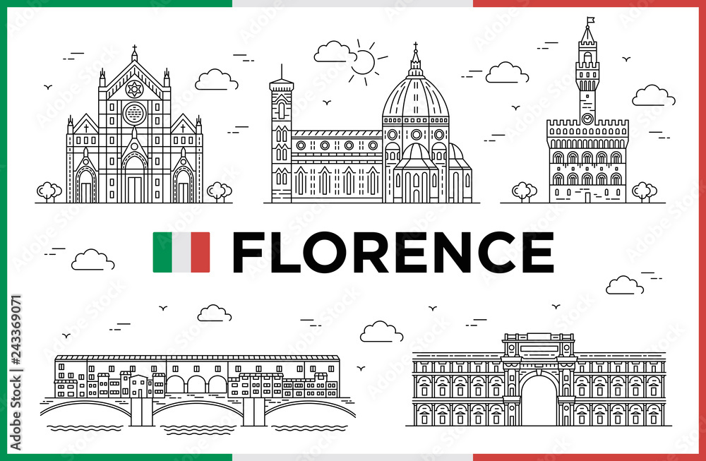 Florence, Italy. Ponte Vecchio, Palazzo Vecchio, Cathedral of Santa Maria del Fiore, buildings and city sights. Vector illustration
