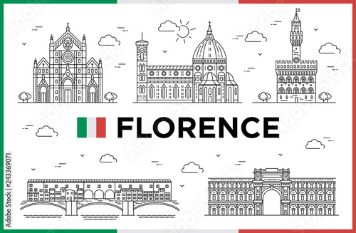 Florence, Italy. Ponte Vecchio, Palazzo Vecchio, Cathedral of Santa Maria del Fiore, buildings and city sights. Vector illustration