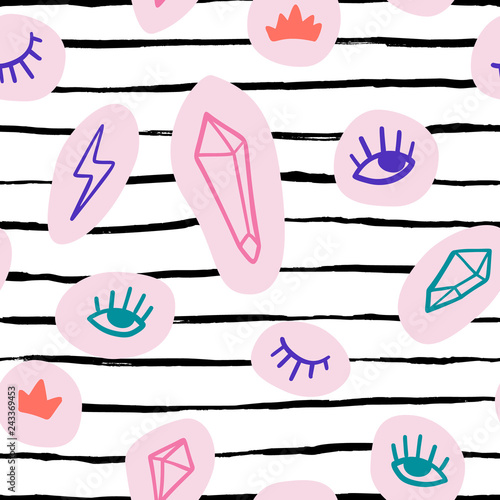 Hand drawn doodles icon seamless pattern with eye, diamond, lightning, crown in retro pop up style. Vector beauty illustration for card, textile, wallpaper, background.