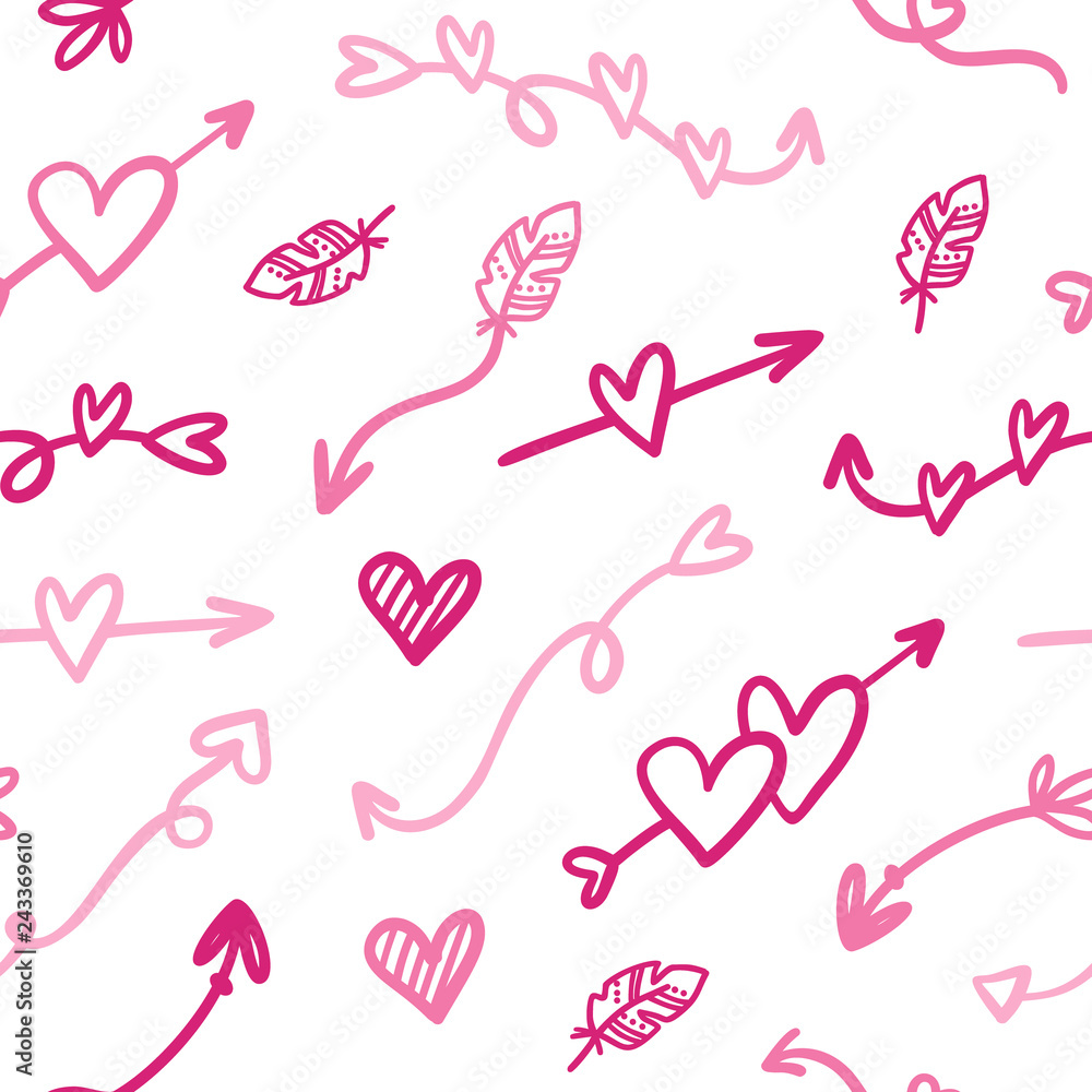 Vector fashion abstract seamless pattern with arrow, hearts on Happy Valentines Day. Cartoon doodle illustration background