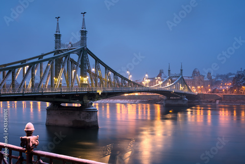 Liberty bridge in Budapest at winter night