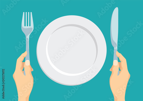 Empty white plate. Fork and knife in hand. Template. Vector illustration in flat style