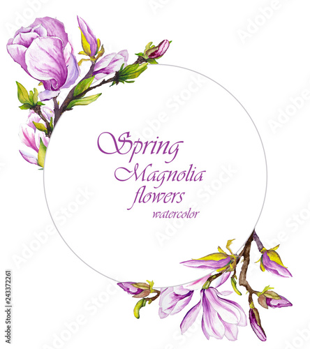  Spring frame with magnolia flowers. Watercolor illustration on white background.
