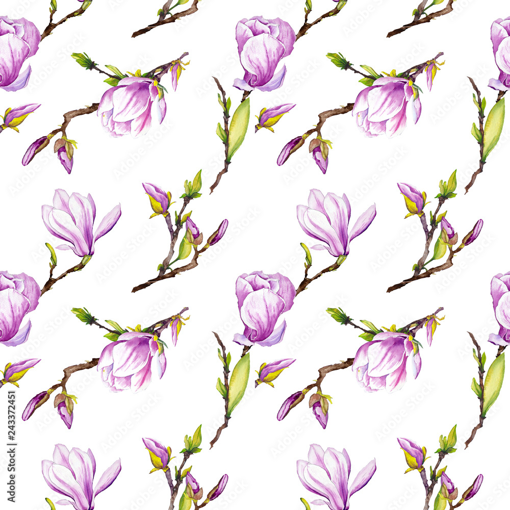 Seamless pattern with magnolia flowers. Watercolor illustration on white background.