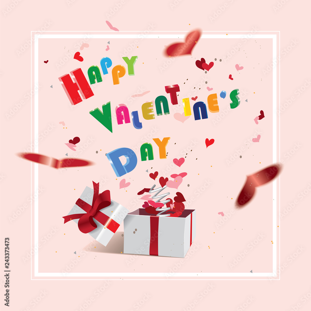 Happy Valentine's Day-suprising gift box with defocused heart shaped confetti jumping out like a jack in the box Happy Valentine's Day-suprising gift box with defocused heart shaped confetti jumping out like a jack in the box