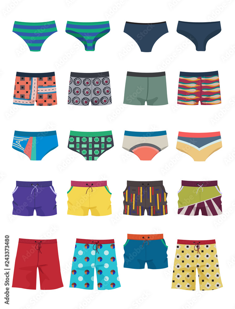 A set of men's swimming trunks, underpants and shorts, different models, beautiful clothing for beach and everyday life, isolated on white background.  - obrazy, fototapety, plakaty 