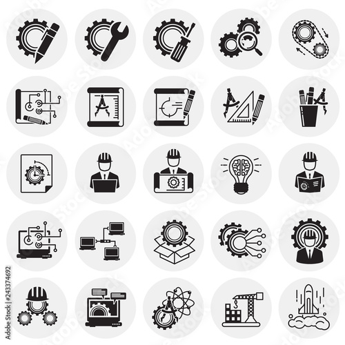 Engineering icons set on circles background for graphic and web design, Modern simple vector sign. Internet concept. Trendy symbol for website design web button or mobile app