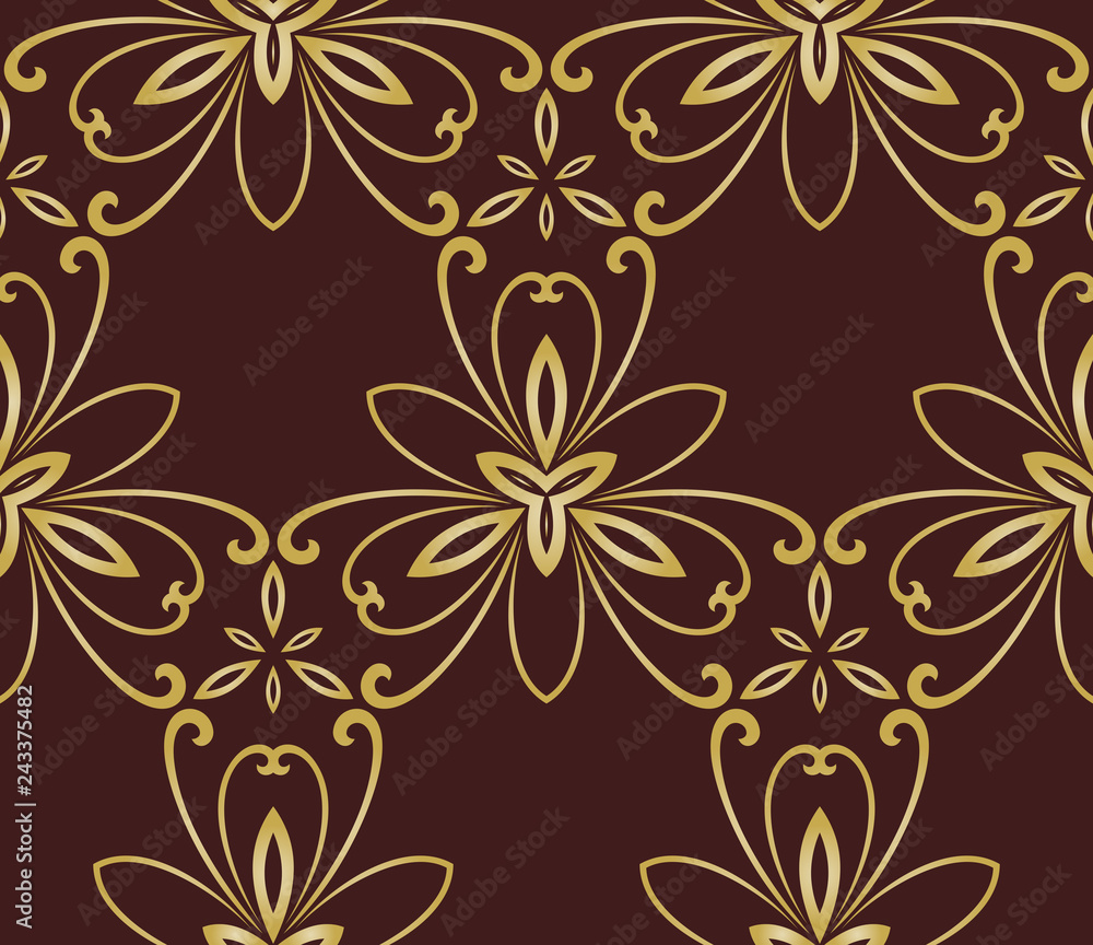 Floral golden ornament. Seamless abstract classic background with flowers. Pattern with repeating floral elements