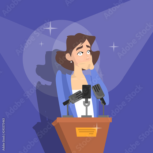 Fear of public speaking. Woman is afraid