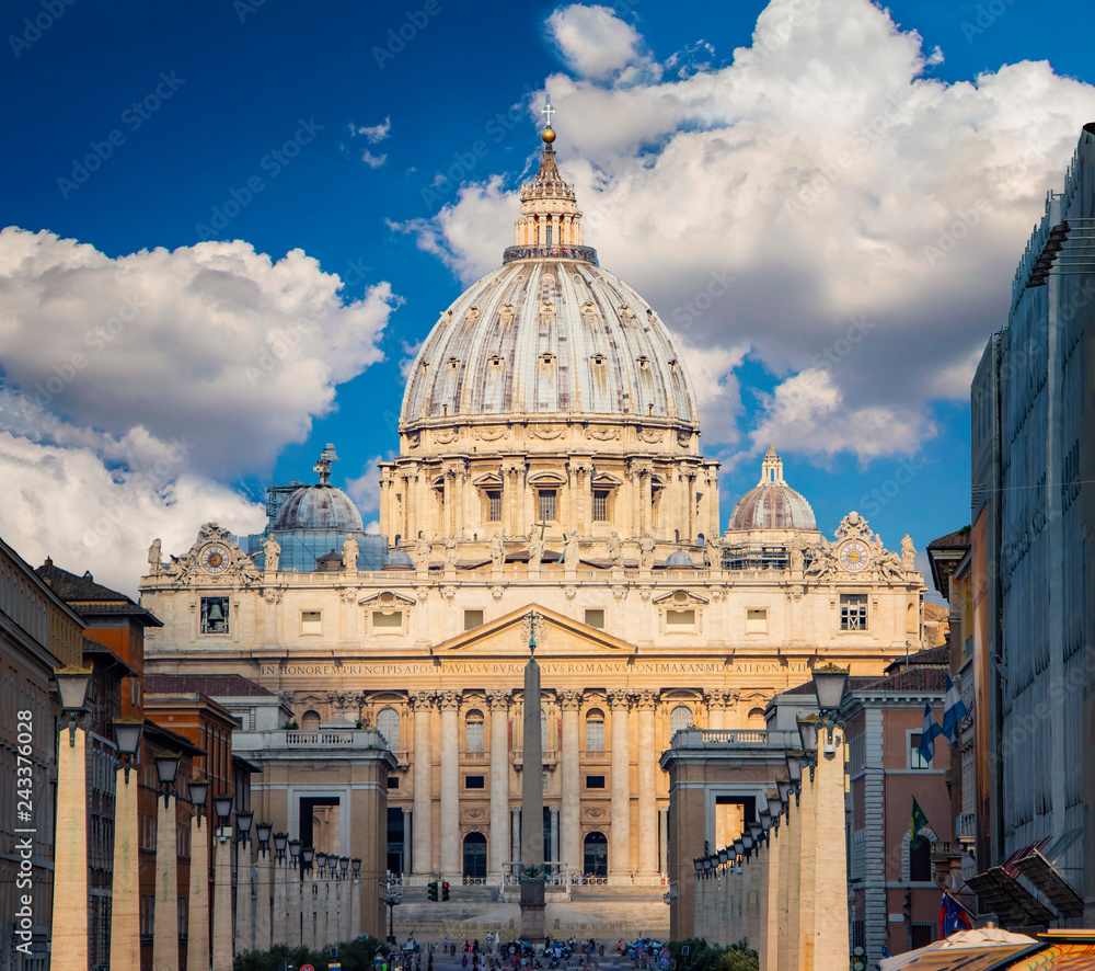 View of dome St. Peter's and Vatican in Rome at sunny day in summer. The Vatican is the most prominent state in the world.