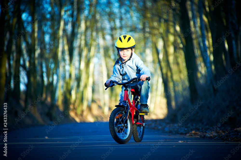 Boy riding his bike on a spring country track.  Road concept for safety and child development