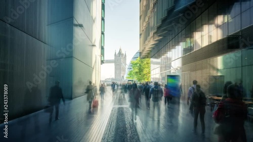  hyper lapse of modern buildings and Tower Bridge, London, UK