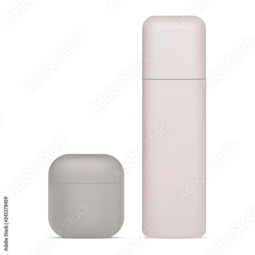 Cosmetic Bottle and Cream Jar Set. Beauty Product: Shampoo, Moisturizer, Butter, Creme, Scrub, Soap Packaging 3d Illustration. Skin and Body Care Container. Round Corner Square Shape.