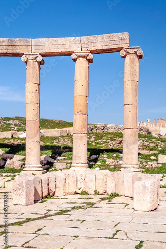 Roman archeological remains in Jerash in Jordan on a sunny day.