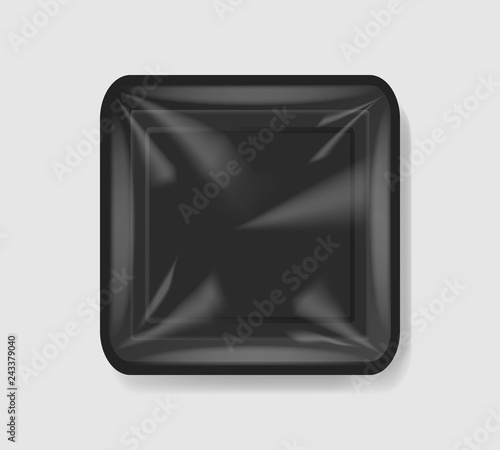 Plastic tray container with cellophane cover. Mockup template for your design. Plastic food container. Vector illustration.