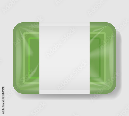 Plastic tray container with cellophane cover. Mockup template for your design. Plastic food container with clear white label template. Vector illustration.