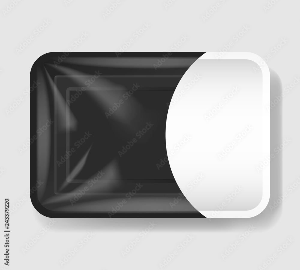 Plastic tray container with cellophane cover. Mockup template for your design. Plastic food container with clear white label template. Vector illustration. Plastic tray container with cellophane cover. Mockup template for your design. Plastic food container with clear white label template. Vector illustration.
