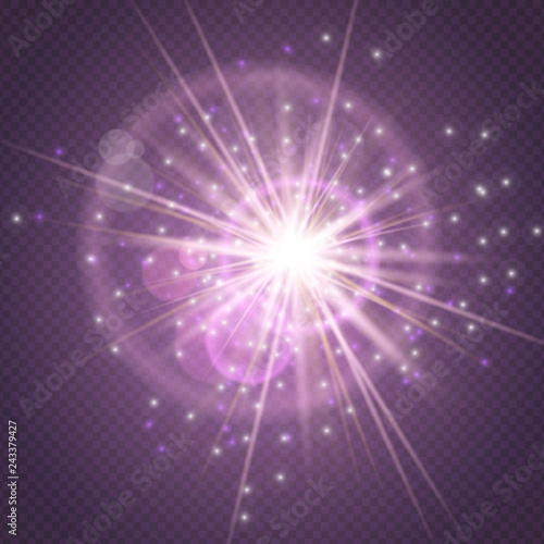 Sparks glitter glowing,star burst explosion glow and lens flare isolated on purple transparent background.Show,Concert,Night club party flyer poster,greeting card,web online,Instagram template concept