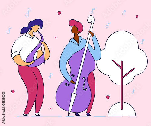 Modern cartoon flat character musical band double bass bassist and saxophone player,vector hand drawn style.Musicians with double bass and sax instruments playing music,jazz,rock,blues,rockabilly
