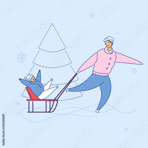 Modern cartoon flat characters family spending happy time together sledging,vector hand drawn style.Flat small people-smiling dad carry laughing cartoon boy son on sleigh,playing outdoors winter sport
