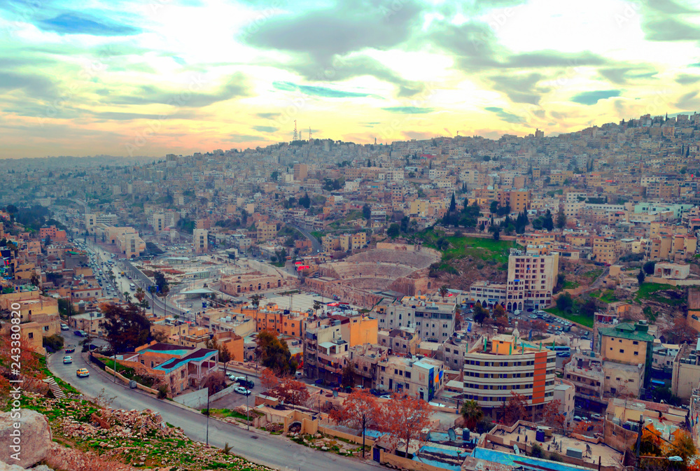 AMMAN, JORDAN-FEBRUARY 2015. Aerial view of Amman, the capital of jordan on a cloudy day.