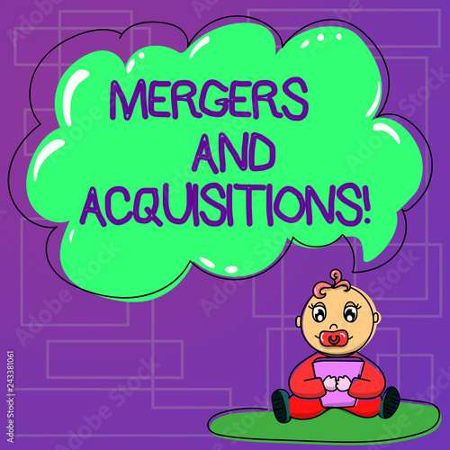 Handwriting text Mergers And Acquisitions. Concept meaning Refers to the consolidation of companies or assets Baby Sitting on Rug with Pacifier Book and Blank Color Cloud Speech Bubble