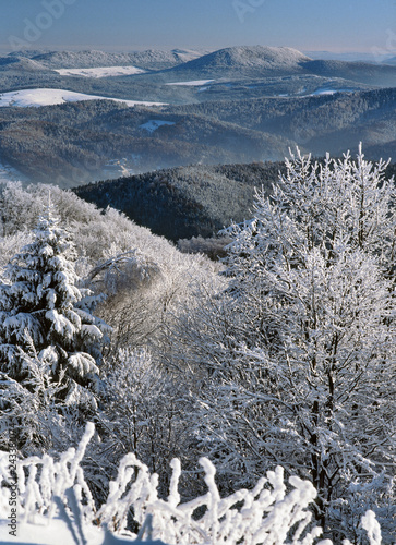 view from Jaworzyna Krynicka mountain to Beskid Sadecki Mountains and Beskid Niski Mountains, Poland