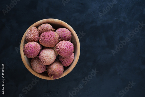Delicious lychees in a bowl. Top view.

