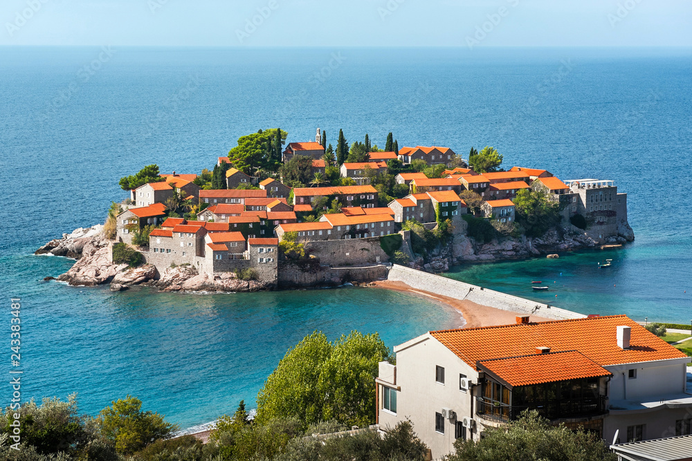 Island Sveti Stefan at Montenegro, old town, roofs view