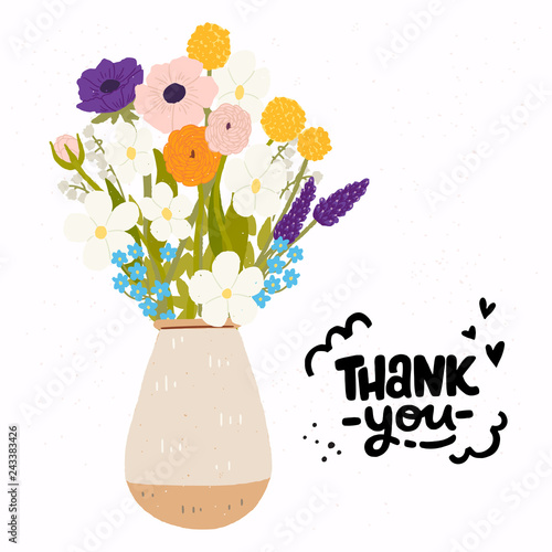 Spring flowers bouquet in ceramic vase and Thank You inscription