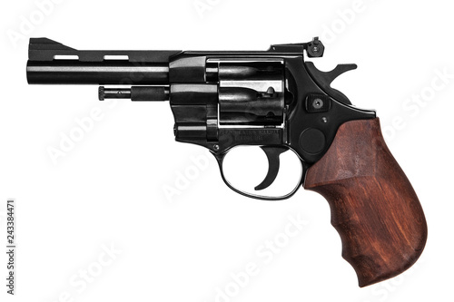 pistol revolver with wooden handle isolated on white