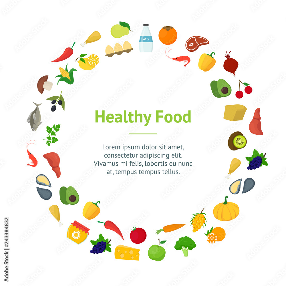 Cartoon Healthy Food Signs Color Banner Card Circle. Vector Cartoon Healthy Food Signs Color Banner Card Circle. Vector