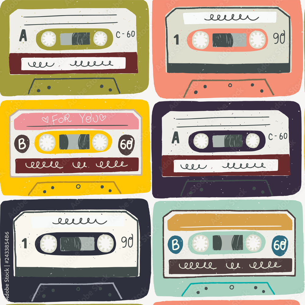Obraz premium Old cassette mix tapes seamless pattern