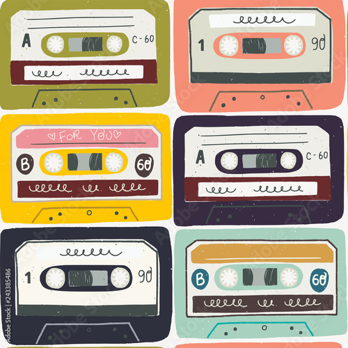 Old cassette mix tapes seamless pattern