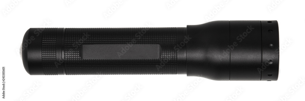 modern black metal flashlight isolated on white modern black metal flashlight isolated on white