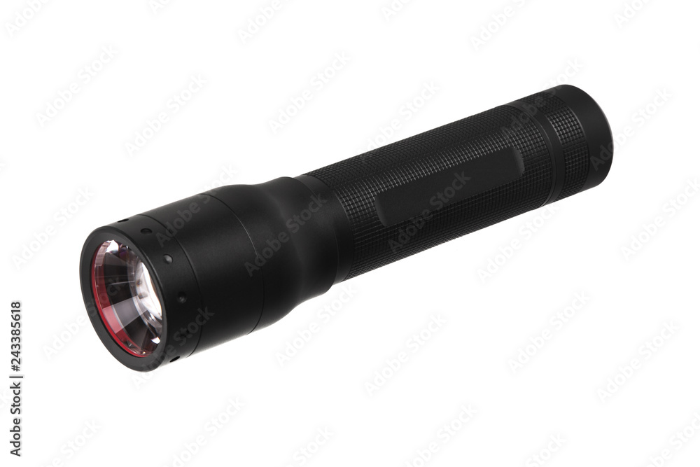 modern black metal flashlight isolated on white modern black metal flashlight isolated on white