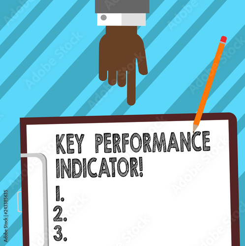 Word writing text Key Perforanalysisce Indicator. Business concept for evaluate the success of an organizations Hu analysis Hand Pointing Down to Clipboard with Blank Bond Paper and Pencil