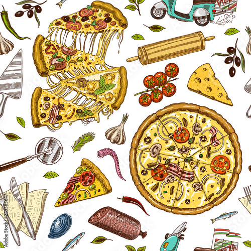 Seamless pattern pizza with cheese. Texture for background. Yummy italian vegetarian food with tomatoes, Seafood and olives. Hand drawn Sketch Vintage style.