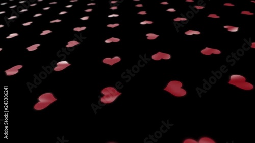 Shiny red color Valentine's Day Heart shapes pattern on black background. 