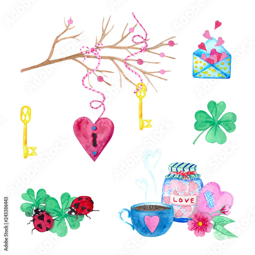 A large set of watercolor elements for Valentine's Day or wedding day. Flowers, arrow, envelope, balloon, heart, cup and other watercolor elements.