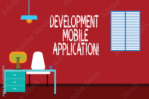 Text sign showing Development Mobile Application. Conceptual photo Writing software for digital devices Work Space Minimalist Interior Computer and Study Area Inside a Room photo