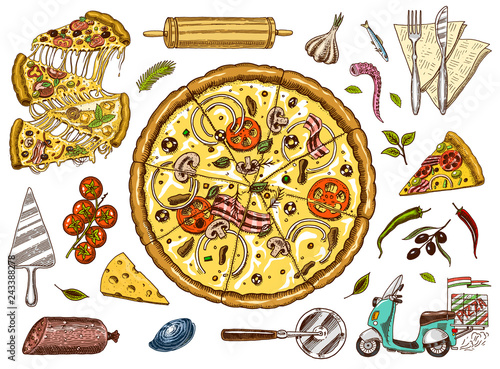 Set of pizza with cheese. Yummy italian vegetarian food with tomatoes, Seafood and olives. Ingredients for cooking and Motorcycle for delivery. Sketch for restaurant menu. Hand drawn Vintage style.