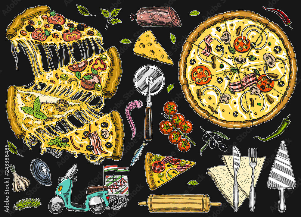 Fototapeta Zestaw pizzy z serem. Pyszne włoskie wegetariańskie jedzenie z pomidorami, owocami morza i oliwkami. Składniki do gotowania i motocykl do dostawy. Szkic do menu restauracji. Ręcznie rysowane w stylu Vintage.