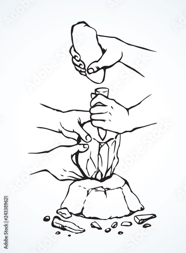 Vector illustration. Primitive people make stone tools