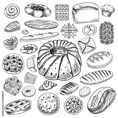 Set of Bakery and pastry products. Bread and pie, buns and cakes. Pastry. Engraved hand drawn vintage style. Doodles for menu. Color food. Collection of Elements.