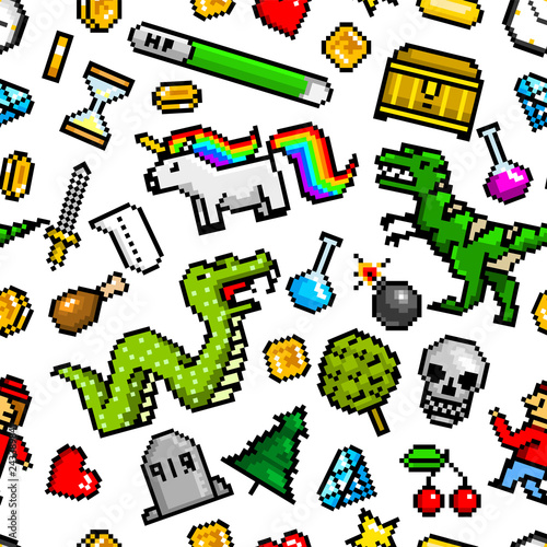 Pixel art 8 bit objects Seamless pattern. Retro game assets. Set of icons. Vintage computer video arcades. Characters dinosaur pony rainbow unicorn snake dragon monkey and coins, Winner's trophy.