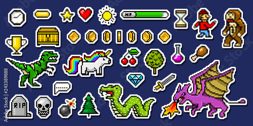 Pixel art 8 bit objects. Retro game assets. Set of icons. vintage computer video arcades. characters dinosaur pony rainbow unicorn snake dragon monkey and coins, Winner's trophy. vector illustration.